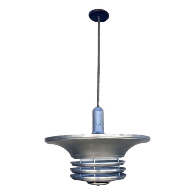 1930s Art Deco Machine Age Spun Aluminum 23" 3 Ring Pendant Light, 5 Available For Sale