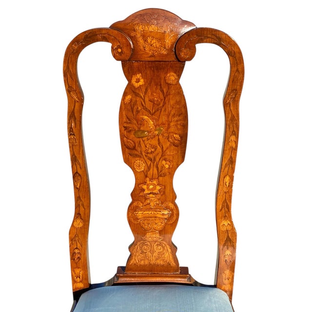 Queen Anne Vintage Trouvailles Marquetry Desk Chair With Unique Bird & Moth Inlay For Sale - Image 3 of 12