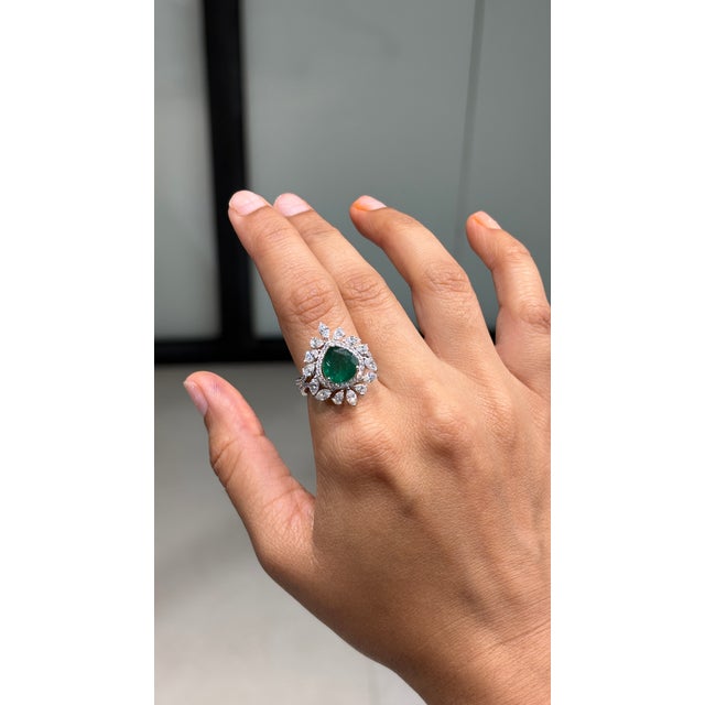 Not Yet Made - Made To Order Luxury 2.24Ct Natural Emerald & 1.91Ct Diamond Halo Cocktail Ring Size 9 in 18k Gold For Sale - Image 5 of 16