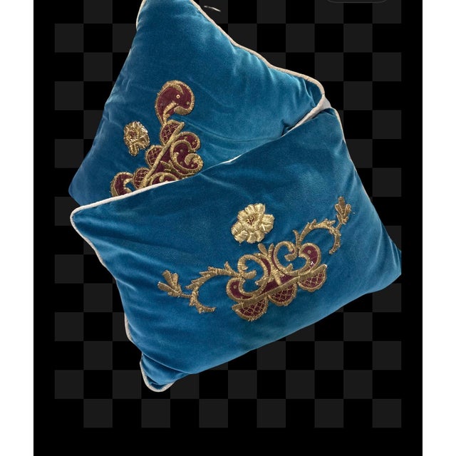 Metal Early 19 Century Italian Dark Blue With Gold Embroidery Hand Made Pillow For Sale - Image 7 of 7