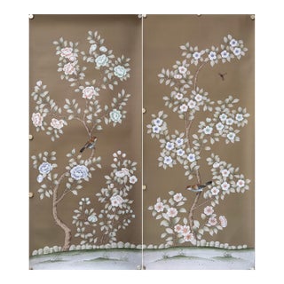 Chinoiserie Hand-Painted Wallpaper Panels, Taupe Background With Floral & Bird Motifs, Set of 2 For Sale