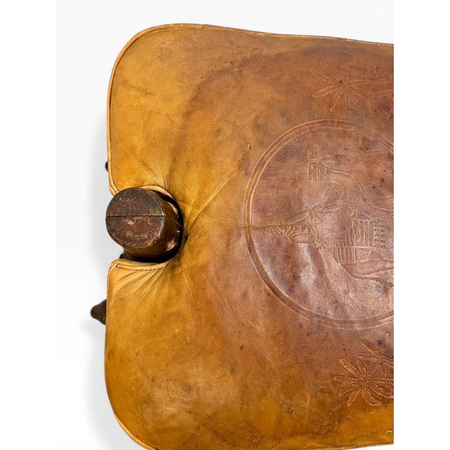 Vintage Mid-Century Egyptian Camel Saddle Stool in Leather and Brass For Sale - Image 11 of 15