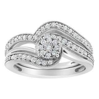 .925 Sterling Silver 1/3ct Cttw Multi-Diamond Bypass Vintage-Style Bridal Set Ring and Band (I-J Color, I3 Clarity) - Size 8 For Sale
