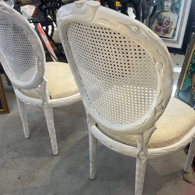 Faux Bois Twig Branch Chairs (Pair) - Mid 20th Century Carved Art Nouveau Chairs With Faux Ostrich Upholstery & Cane Back For Sale - Image 9 of 11
