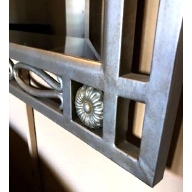 Gray 1990s Silver Gray Wrought Iron Framed Wall Mirror With Attached Flanking Sconces For Sale - Image 8 of 9