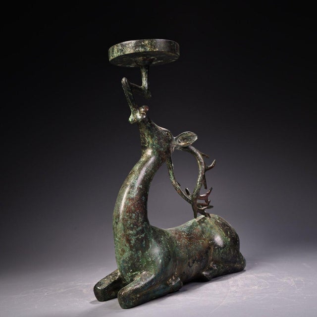 Asian Late 19th Century Bronze Deer Oil Lamp With Inscription, 2300g, Archaic Style For Sale - Image 3 of 10