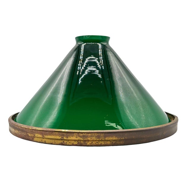 Glass 1920s Deco Banker/Poker Ceiling Light W/ 11" Brass Rim Green Glass Shade, 5 Available For Sale - Image 7 of 13