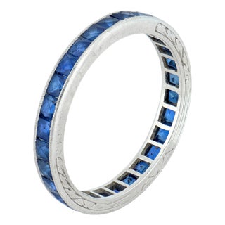 1930s Art Deco French Cut Sapphire Platinum Eternity Band, Size 5.75 For Sale