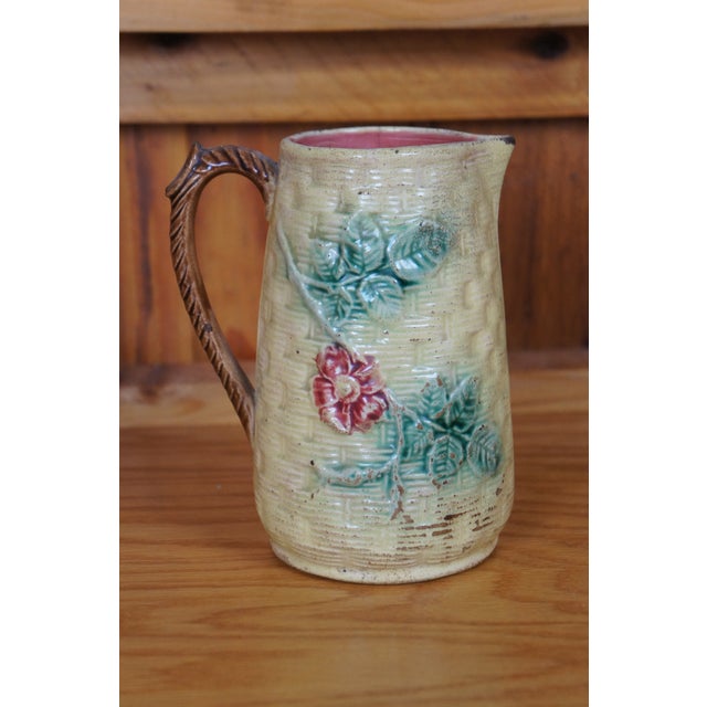 Antique Majolica Basketweave Dogwood Flower Creamer Pitcher Jug For Sale - Image 6 of 12