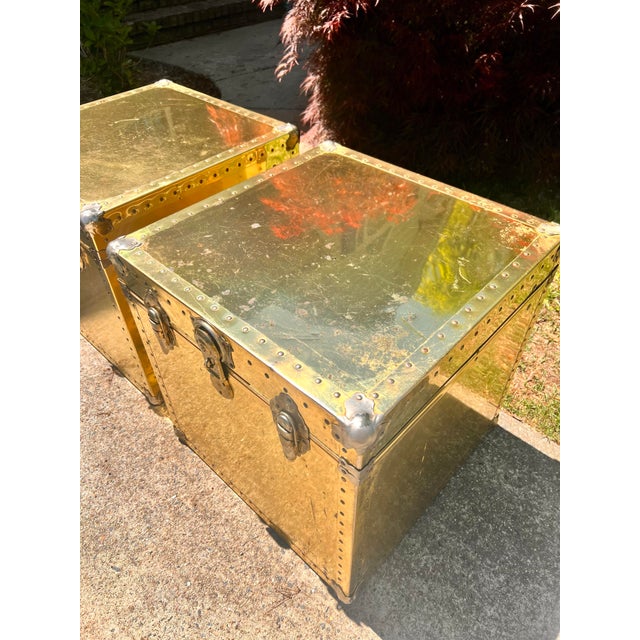 Mid-Century Modern Vintage Pair 1970s Large Brass Cedar Lined Storage Trunk Styled After Sarried For Sale - Image 3 of 10