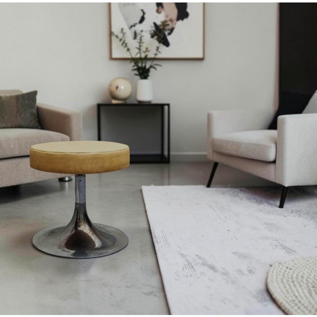 Metal Light Brown Faux Leather and Chrome-Plated Tulip Base Round Stool. Italy, 1970s For Sale - Image 7 of 8