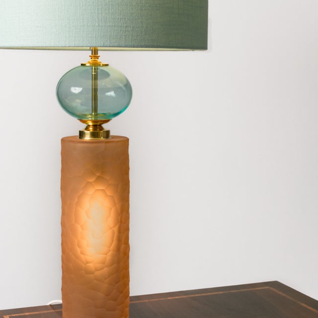 Mid-Century Modern Salmon and Blue Globe Murano Glass Table Lamps, 1980s, Set of 2 For Sale - Image 3 of 5