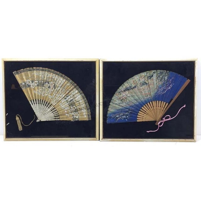 Pair of framed vintage Japanese hand painted paper fans on bamboo. These are an estate find from Las Vegas. The mid-...