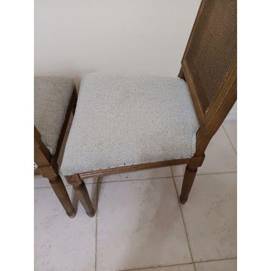 1970s Dining Chair Wood Light Green Uphlostered Seat Cane Back Medium Tone Set of 2 For Sale - Image 4 of 6