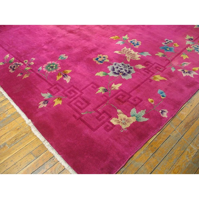 Early 20th Century 1920s Bright Pink Floral Modern Antique Chinese Deco Rug 8' 10" X 11' 6" Knotted Wool Carpet For Sale - Image 5 of 6