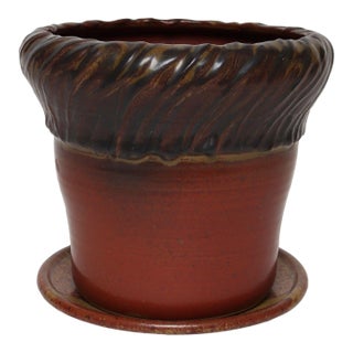 Vintage Crimson and Slate Studio Ceramic Planter With Saucer by Deanna Nichols For Sale