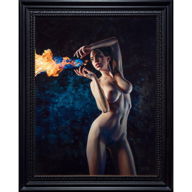 This artwork depicts a figure poised gracefully, emanating a vibrant burst of flame from her fingertips. The interplay of...
