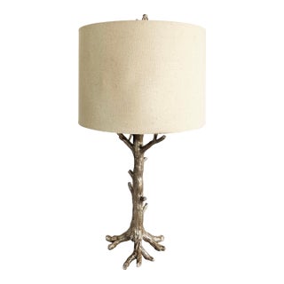 Organic Modern Silvered Metal Faux-Bois Table Lamp, Original Finial and Shade For Sale