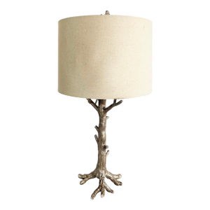 Organic Modern Silvered Metal Faux-Bois Table Lamp, Original Finial and Shade