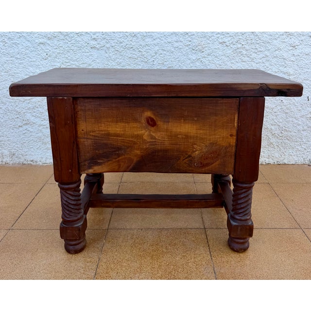 Spanish Carved Wood Side Table with Geometric Decoration and Spiral Legs, 1930 For Sale - Image 6 of 15