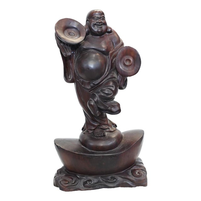 Antique Chinese Happy Buddha Carved Hardwood Statue For Sale
