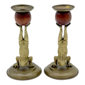 Acrobatic Frog Brass & Wood Candlesticks by Arthur Court, 1979 - a Pair