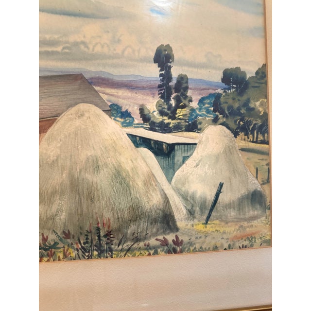 1940s Original Watercolor by Famous Book Illustrator Ralph Ray Circa 1940's Barn and Haystack Landscape For Sale - Image 5 of 10