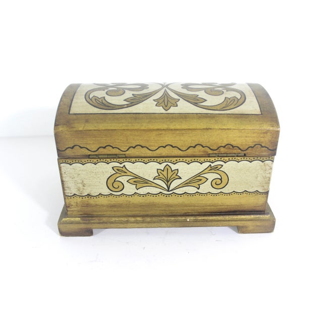 Gold Vintage Musical Florentine Domed Wood Jewelry Box White Gold Italian Style For Sale - Image 8 of 10