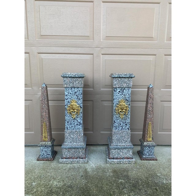 Monumental Neoclassical Grand Tour Ormolu Mounted Marble Obelisks on Pedestals For Sale - Image 9 of 12