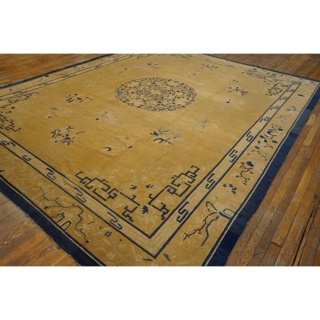 Chinese 1880s Classic Beige Greek Key Floral Antique Chinese Peking Wool Rug 10' X 12'5" For Sale - Image 3 of 8