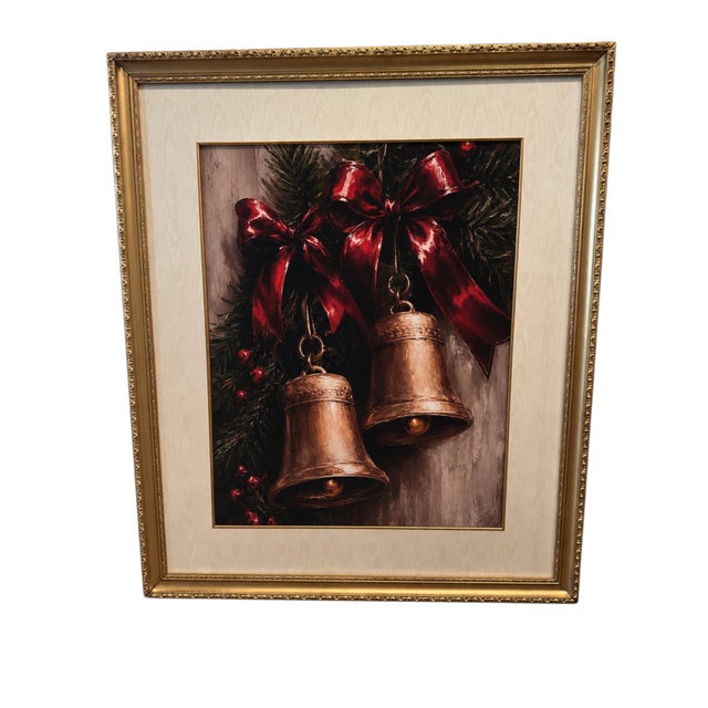 Rustic European Substantial 40” Tall Framed Christmas Bell Wall Canvas Art With Ornate Gilt Wood Frame & Silk Mat For Sale - Image 3 of 11