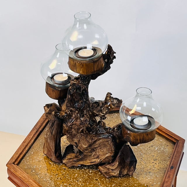 Large Varnished Driftwood and Hurricane Glass Candelabra For Sale - Image 4 of 6