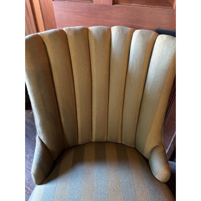 Green striped slipper chair in wool fabric with attractive tape border. Tone-on-tone green stripe. Versatile use for a...