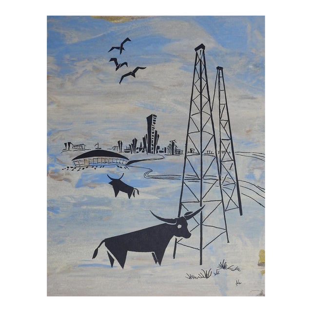 Vintage Mid Century Gray and Blue Longhorns & Oil Wells Serigraph For Sale