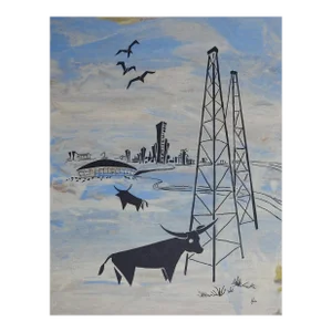 Vintage Mid Century Gray and Blue Longhorns & Oil Wells Serigraph