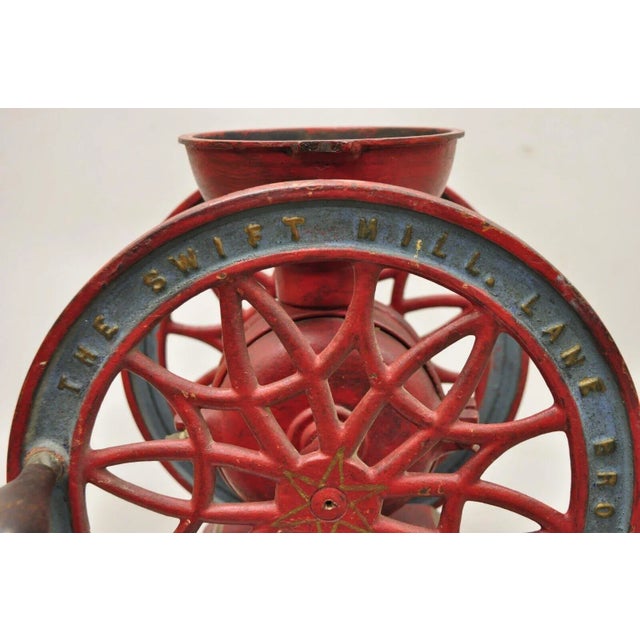Late 19th Century Swift Mill Lane Red & Blue Cast Iron Victorian Coffee Mill Grinder With Drawer For Sale - Image 11 of 12
