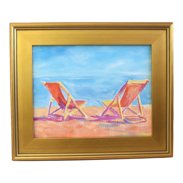 Nautical Beach Folding Chairs Painting Including the Antiqued Gold Wood Frame For Sale