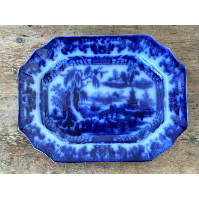 Chinoiserie Vintage Boho Blue Willow Octagon Ceramic Platter For Sale - Image 3 of 12