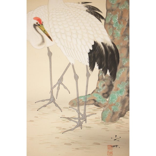 Early 20th Century Taisho to Showa Era Japanese Silk Scroll Painting "Two Cranes and a Pine Tree" For Sale - Image 5 of 18