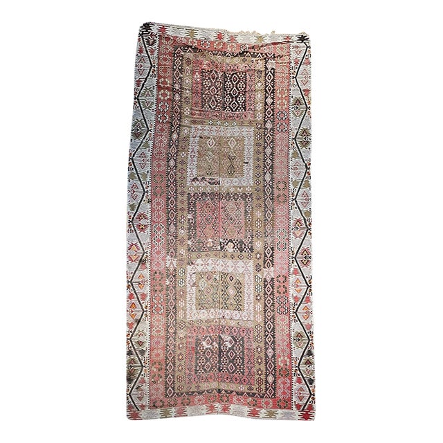 Vintage Anatolian Turkish Kilim Gallery Rug, Flat-Woven Geometric Pattern, Brick Red & Ivory, 6x14 For Sale