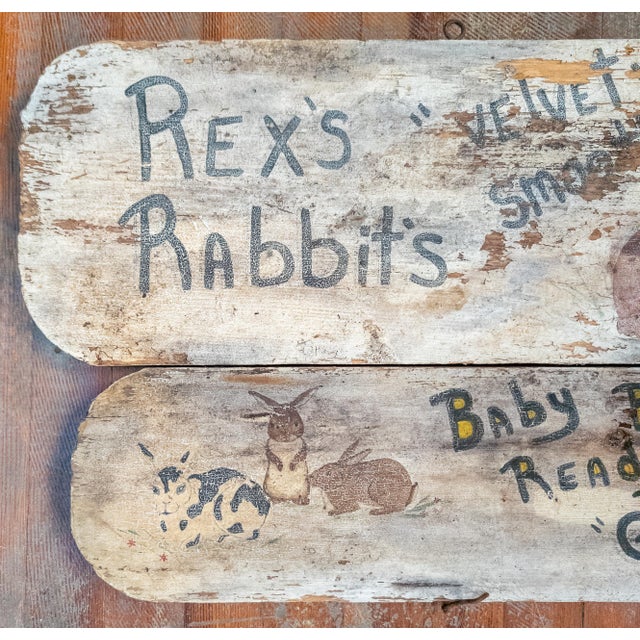 We are selling this great early 20th century folk art sign. This sign has great advertising for pet rabbits, with folding...