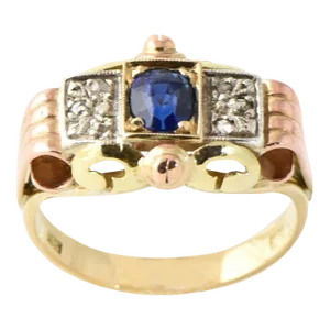 Antique Victorian Sapphire and Diamond Tricolor Yellow Rose White Gold Ring size 7