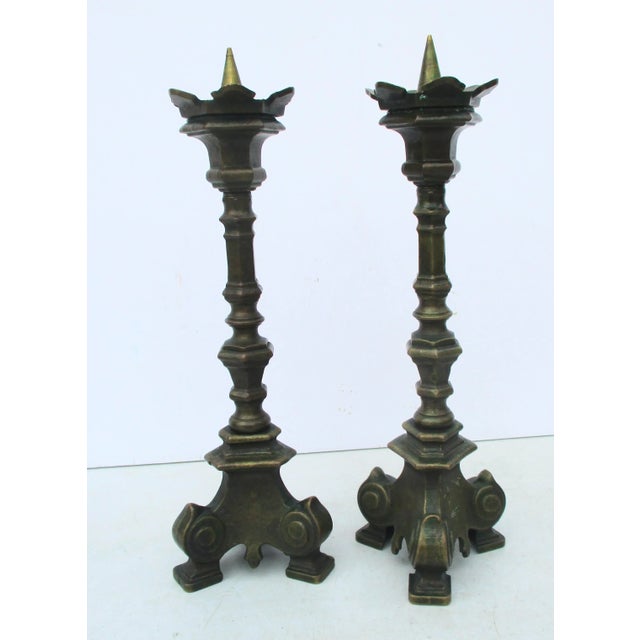 Italian Early 20th-century bronze candlesticks. Style of Italian Baroque Church altar candlesticks. Very handsome pair in...