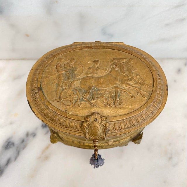 Metal A.b. Paris French 19th Century Gold Repousse Neoclassical Jewelry Casket Box With Original Key For Sale - Image 7 of 12