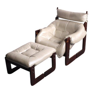 1970s Vintage Pearlescent Ivory Percival Lafer Rosewood Framed Lounge Chair & Ottoman For Sale