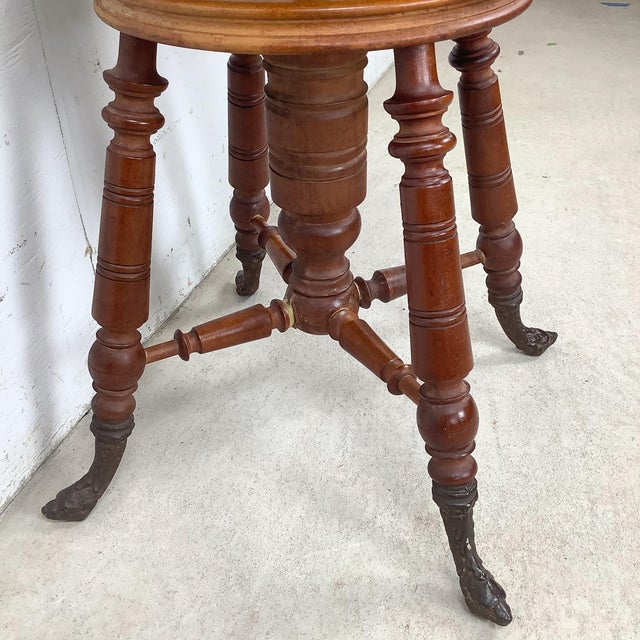 Antique Victorian Adjustable Piano Stool With Turned Legs and Claw Feet For Sale - Image 9 of 12