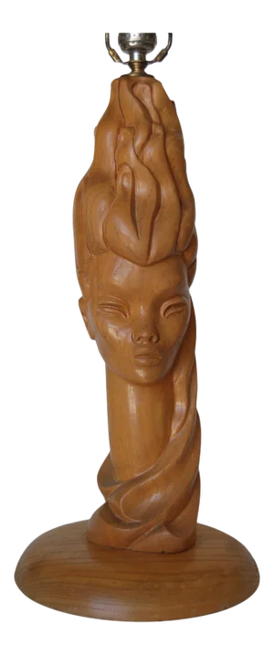 Mid-Century Carved Oak Modernist Female Bust Table Lamp