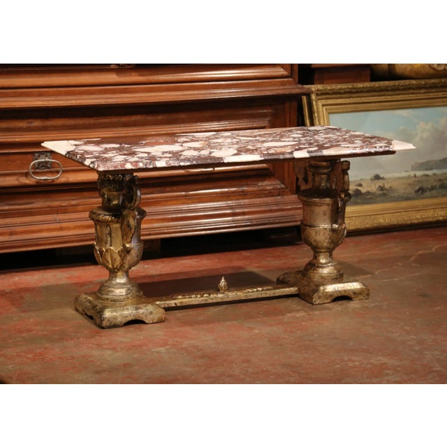Wood 19th Century Italian Marble Top Carved Silver Leaf Trestle Coffee Table For Sale - Image 7 of 9