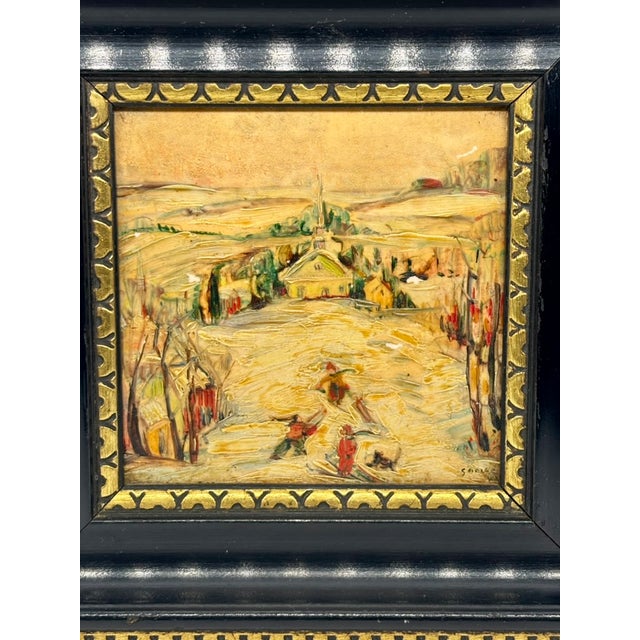 Figurative Enamel on Tile Painting, Landscape Winter Scene With Figures, Framed and Signed For Sale - Image 3 of 12