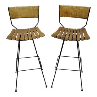 Vintage Mid Century Arthur Umanoff Jute Rope Rush Wrought Iron Swivel Stools- A Pair For Sale